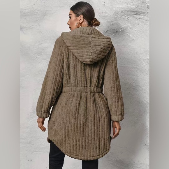 Button Front Hooded Teddy Coat, Casual Solid Long Sleeve Winter Warm Outerwear, - Picture 2 of 2